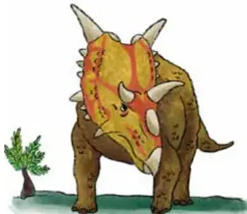 Ilustración de un dinosaurio con cuernos, cuerpo verde y detalles amarillos, junto a un pequeño árbol.
