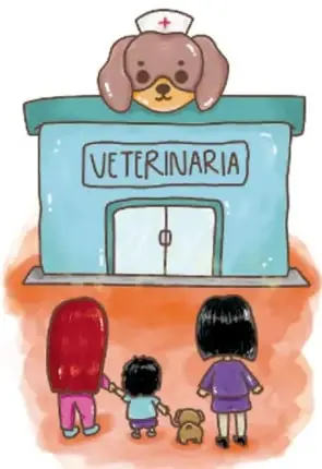 Familia entrando a un edificio rotulado VETERINARIA, con un perro en la azotea.