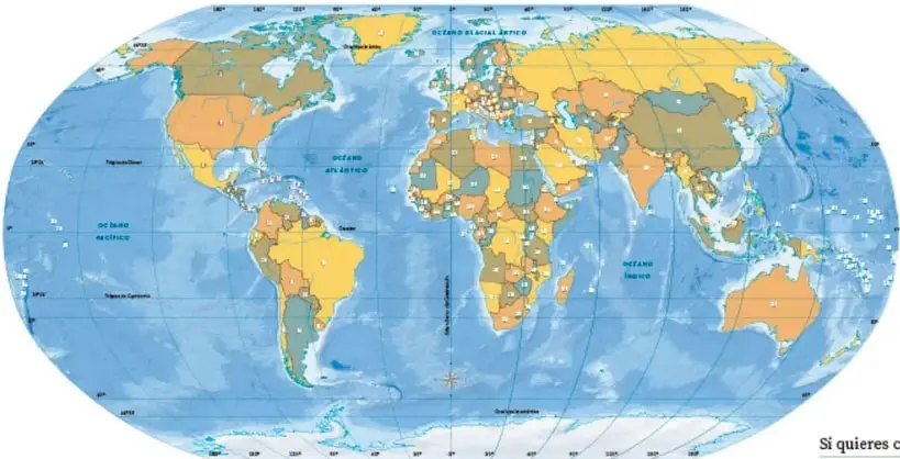 Mapa mundial político-ocenográfico con los océanos, continentes y países coloreados; nota al pie indica revisar 'Cartografía de México y el mundo' para mayor detalle.