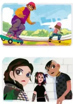 Columna de dos imágenes: jóvenes en patineta en una rampa y jóvenes vestidos de negro con estética gótica. Crédito vertical: Laura Ángeles Fernández, Ciudad de México.