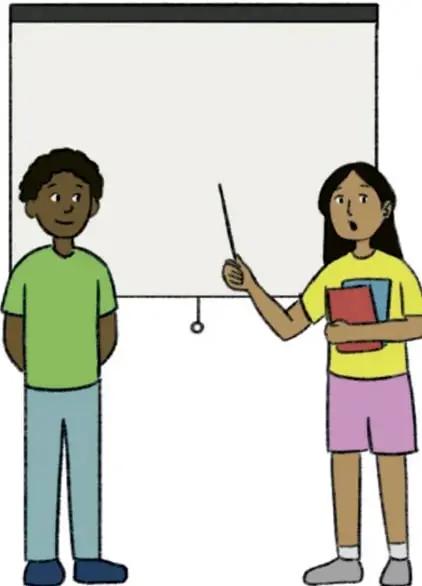 Ilustración de dos estudiantes frente a un proyector o pantalla: uno con camiseta verde y pantalón azul, otro con camiseta amarilla y falda rosa sosteniendo un libro y una vara, junto a una pantalla de proyección. Crédito: Ekatherina Busquets Haldonado, Guanajuato.