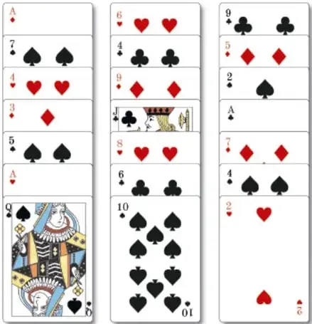Tres columnas de siete cartas de la baraja francesa, mostrando el reparto inicial del truco.