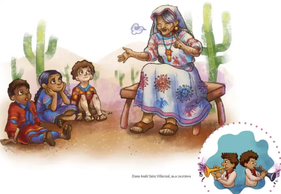Ilustración de una señora mayor sentada en una banca contando una historia a tres niños que la escuchan con atención, en un paisaje con cactus.