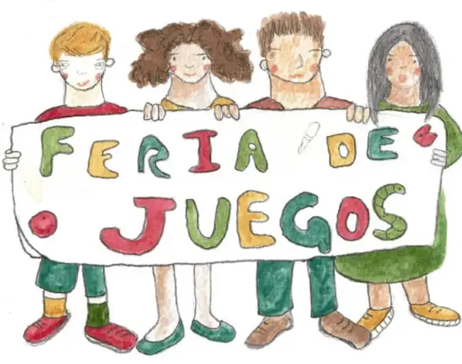 Ilustración de cuatro estudiantes (dos niños y dos niñas) sosteniendo un cartel grande con las palabras 'FERIA DE JUEGOS' en letras de colores.