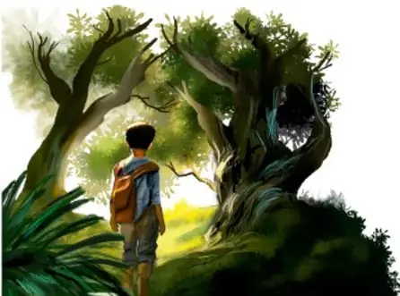 Ilustración de un niño con mochila frente a un bosque oscuro, de Rodrigo Gael Martínez Zúñiga, Ciudad de México.