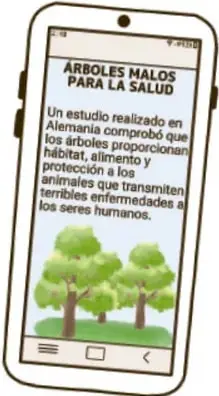 Teléfono celular mostrando una noticia falsa titulada 'Árboles malos para la salud'.