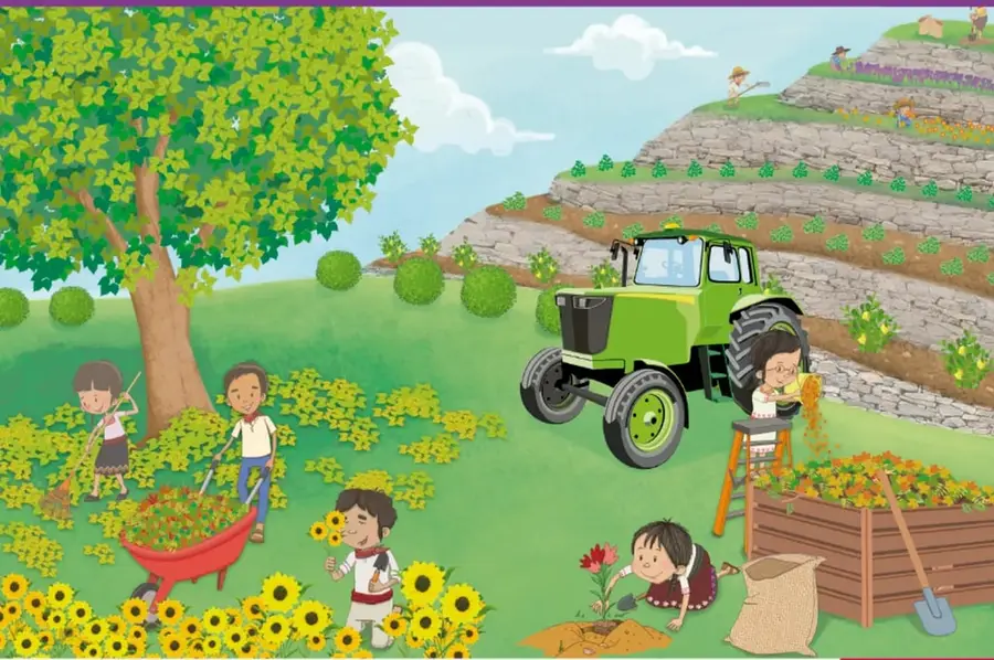 Ilustración de un huerto escolar con árbol, girasoles, tractor verde, terrazas de cultivo y cinco estudiantes realizando tareas agrícolas.