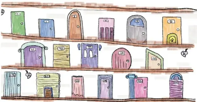 Ilustración de un edificio de varios pisos con muchas puertas de colores (verde, azul, morado, rosa, amarillo), que representa el Gran Hotel Cantor.