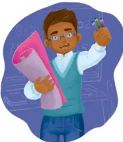 Ilustración de un personaje con cabello castaño, lentes, chamarra verde sobre camisa blanca, sostiene un rollo rosa de papel y una herramienta, sobre fondo azul con siluetas de edificios. Crédito: Diana Ivette Gutiérrez Cisneros, Guanajuato.