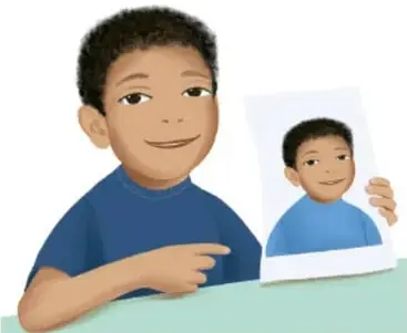 Ilustración de un niño que sostiene una fotografía en la que aparece él mismo de menor; crédito: Raquel García Aguirre, Ciudad de México.
