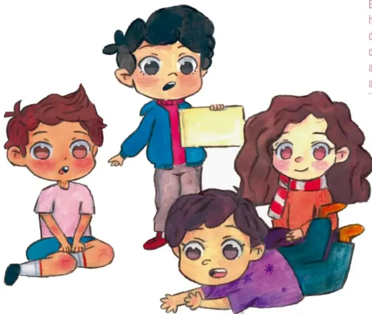 Ilustración de cuatro estudiantes de primaria sentados en el suelo; uno de ellos sostiene una hoja de papel, como si dirigiera una asamblea.