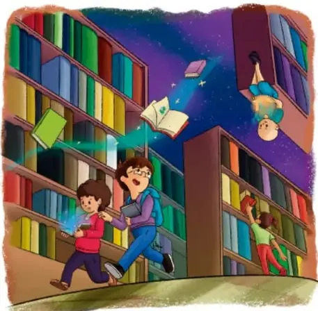 Ilustración de niños corriendo y leyendo entre estantes de biblioteca llenos de libros, con un personaje trepando en un estante.