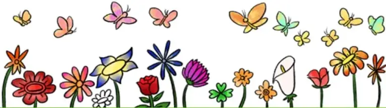 Franja decorativa con flores de distintos colores y mariposas volando alrededor.