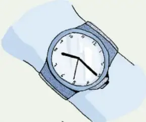 Ilustración de un reloj de pulsera con correa azul y esfera blanca.