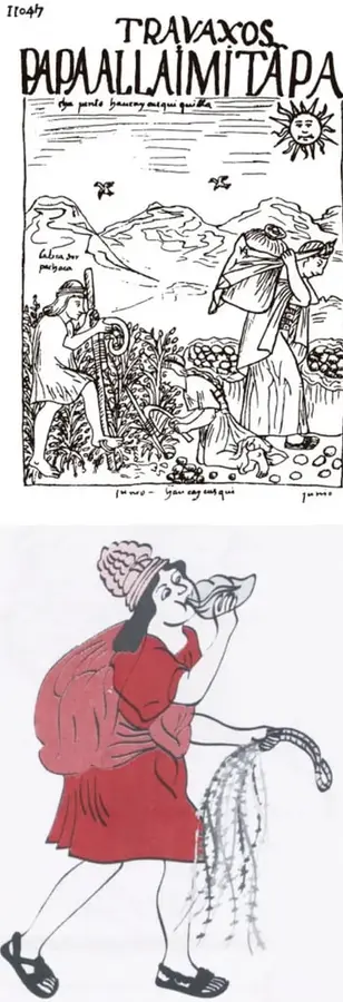 Ilustración antigua titulada 'TRAVAXOS PAPAALLAIMITAPA' que muestra labores agrícolas andinas con campesinos cosechando papa, un sol antropomorfo y montañas al fondo.