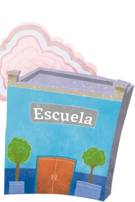 Ilustración de aves volando en formación de V sobre nubes rosadas.