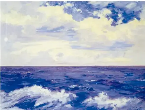 Reproducción del cuadro 'Océano Atlántico' (1889): mar azul con olas y cielo nublado, muestra del dominio del paisaje marino.