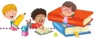 Ilustración decorativa de estudiantes escribiendo y trabajando con libros.