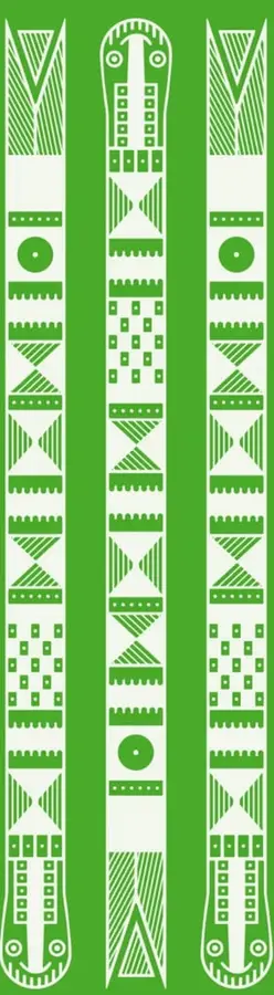 Ilustración de tres bastones o palos ceremoniales de estilo prehispánico mexicano, con figuras geométricas, círculos, rombos y rostros estilizados en las puntas; reproduce un objeto de arte tradicional indígena.