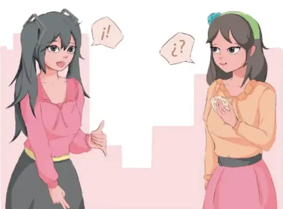 Dos niñas conversando con globos de diálogo ('¡!' y '¿?'), ilustración de Alexander Felipe Hernández Flores, Puebla.