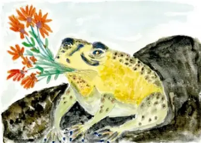 Ilustración acuarela de un sapo amarillo con manchas negras sobre una roca, junto a flores anaranjadas. Crédito: Paola Stefani La Madrid, Ciudad de México.
