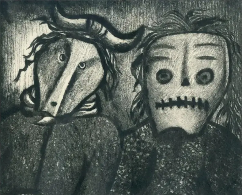 Obra Sin título (s/f): dos figuras, una con cabeza de toro y otra con rostro de calavera, dibujadas en tonos grises.