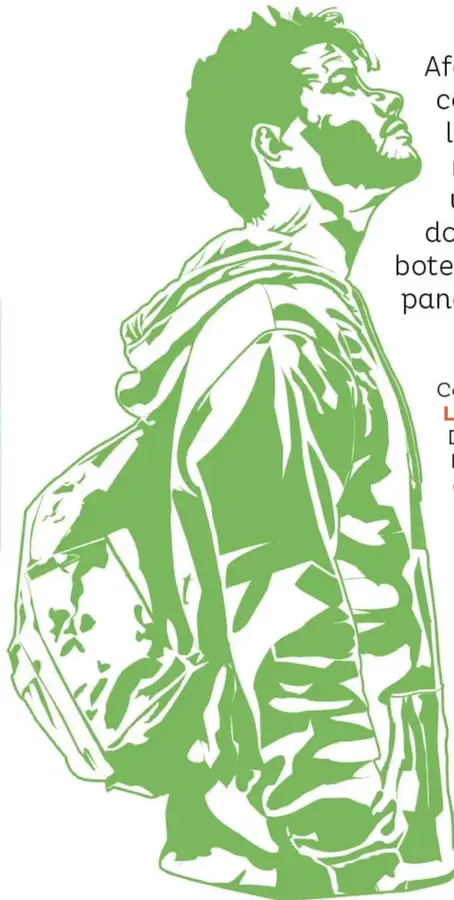 Ilustración de un hombre migrante de perfil, con mochila grande al hombro y la cabeza alzada mirando hacia arriba, en tono verde sobre fondo blanco.