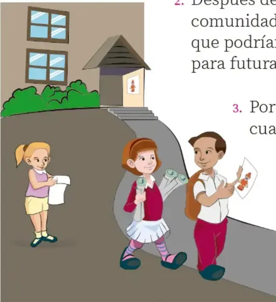 Tres niñas y un niño caminan junto a una escuela, uno lee un papel y otro lleva un dibujo; ilustración de Jorge Eduardo Moussong Lavalle, Ciudad de México.