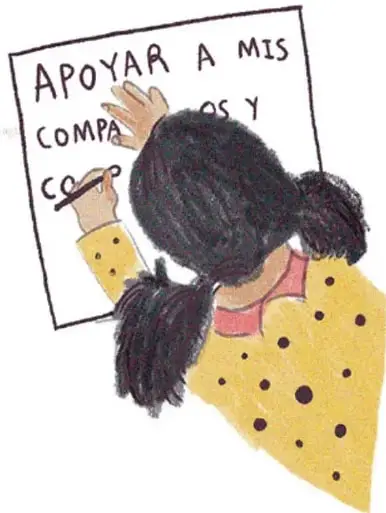 Ilustración de una niña escribiendo en una hoja el texto 'APOYAR A MIS COMPAÑEROS Y...'.