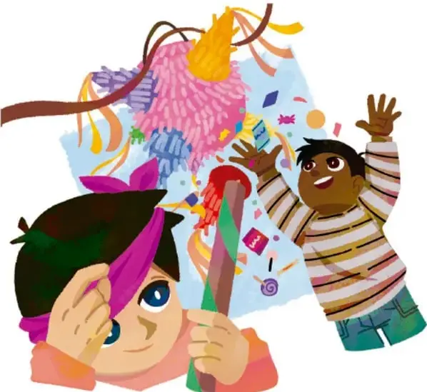 Ilustración de dos niños con venda en los ojos jugando a romper una piñata en una fiesta. Crédito: Laura Ángeles Fernández, Ciudad de México.