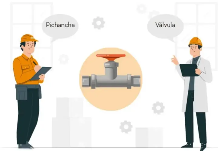 Ilustración con dos personajes: un plomero con uniforme naranja y casco amarillo que dice 'Pichancha', y un ingeniero con bata blanca y casco que dice 'Válvula'; entre ambos, en un círculo, se muestra el mismo objeto: una válvula de tubería con manubrio rojo.