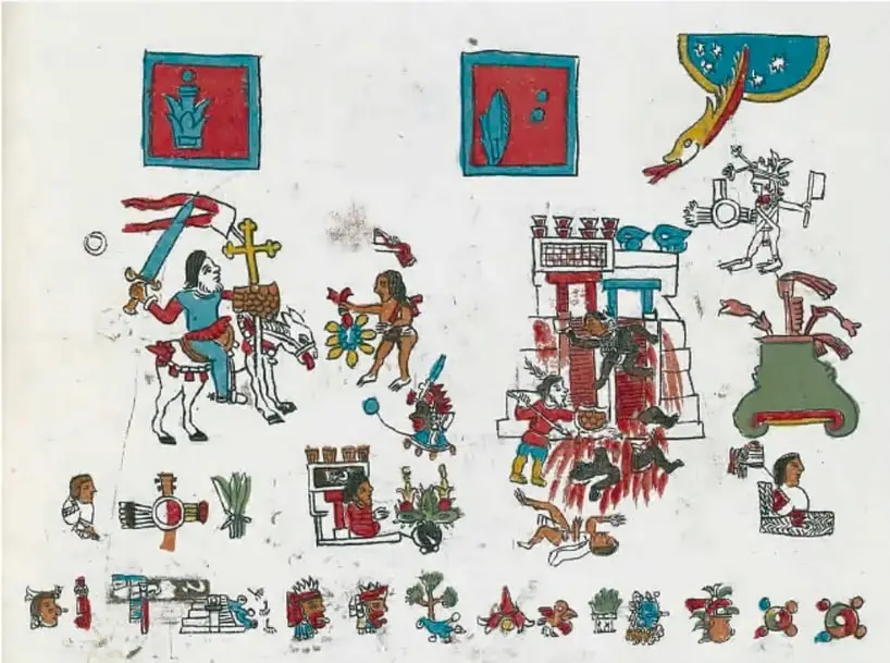 Ilustración estilo códice que representa la batalla de Otumba, con guerreros españoles e indígenas, edificios en llamas y símbolos prehispánicos.