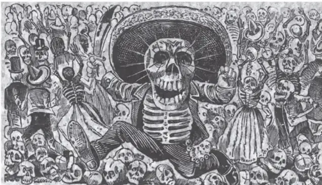 Grabado en blanco y negro del Taller de Gráfica Popular que muestra a una calavera con sombrero mexicano y traje, en actitud de lucha o celebración, rodeada de otras figuras óseas, en estilo popular y caricaturesco al estilo de José Guadalupe Posada.
