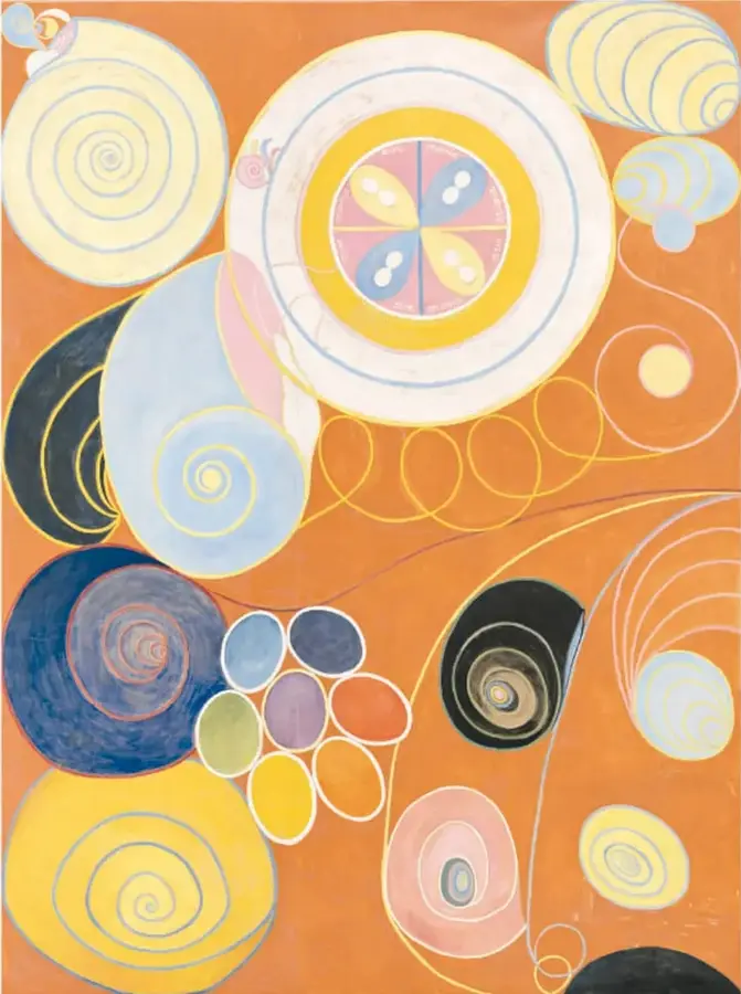 Pintura abstracta sobre fondo naranja con grandes círculos concéntricos, espirales y óvalos en colores amarillo, azul, rosa, negro y blanco. En la parte superior central hay un círculo con cuatro pétalos divididos en colores pastel. Las formas se distribuyen de manera orgánica y simétrica.