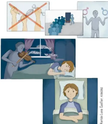 Ilustraciones de un mosquito, personas en fila y un hombre con un violín.