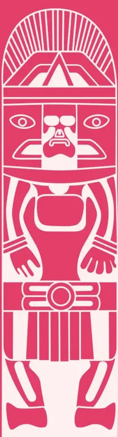 Ilustración estilizada en color rosa y blanco que representa una figura prehispánica o mesoamericana, con tocado radiado, rostro con ojos y nariz marcados, brazos extendidos y faldellín, evocando la identidad nacional y el pasado indígena de México.
