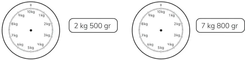Dos pesas circulares con escalas de 0 a 10 kg y etiquetas de masa.