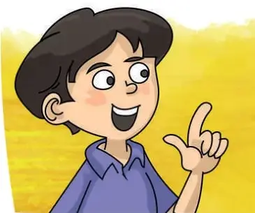 Ilustración de Rubén, un niño de pelo negro y polera azul, señalando con el dedo índice hacia arriba.