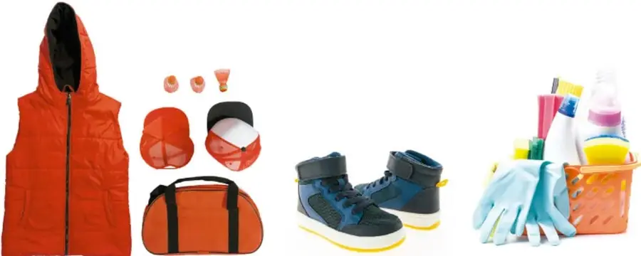 Ilustración de productos elaborados con materiales sintéticos: un chaleco naranja, gorras, un bolso, zapatos deportivos y una canasta con artículos de limpieza.