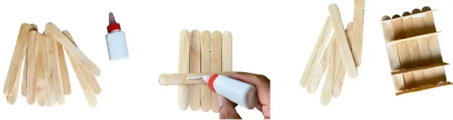 Secuencia de construcción: palitos de madera, botella de pegamento, armado de base con palitos, uniones y mueble terminado.