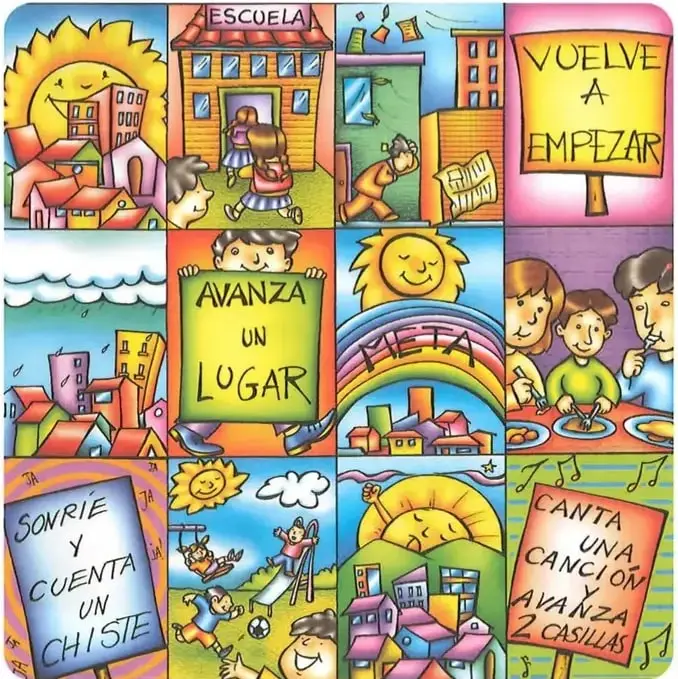 Cartilla ilustrada de doce casilleros con escenas de una ciudad: viviendas, escuela, calles, parque, familias, juegos y carteles con instrucciones.