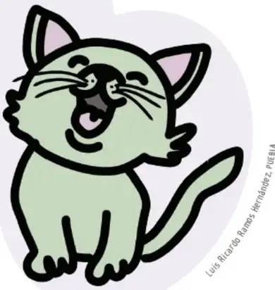 Ilustración de un gatito verde sonriendo con felicidad sobre un fondo lila. Crédito: Luis Ricardo Ramos Hernández, Puebla.