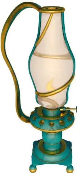 Ilustración de una lámpara de queroseno antigua de metal turquesa con vidrio esmerilado y llama encendida; pie de foto: Germán Edwards Leal y Sánchez Torres, LÁMPARA DE KEROSENO.