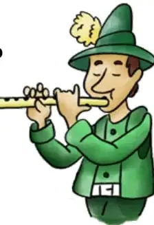 Ilustración de un flautista vestido de verde con sombrero con pluma, tocando una flauta.
