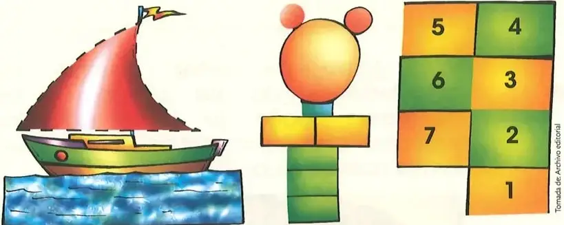 Tres dibujos incompletos: un velero, una figura humana y una composición de bloques rectangulares.