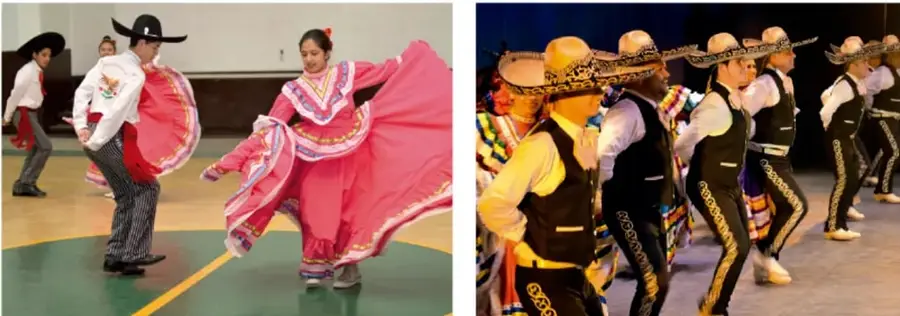 Fotografía de bailadores de folclor mexicano: una pareja ejecuta una danza tradicional con falda amplia roja y sombrero, en un piso de gimnasio.