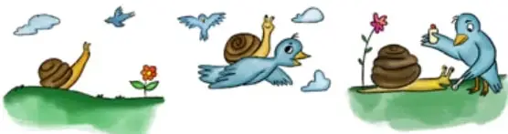 Ilustración de un caracol, aves volando y una flor en un paisaje natural, usada como inspiración para crear una fábula.