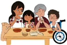 Una mujer (la mamá) cocinando con apoyo de ingredientes sobre la mesa.