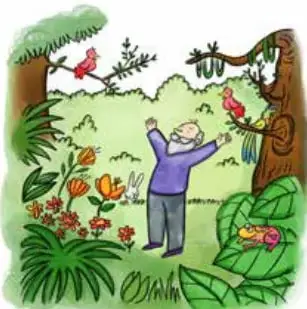 Ilustración de un anciano de pie en su jardín, con los brazos abiertos, rodeado de plantas, flores y aves de colores.