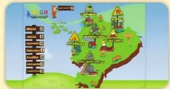 Captura de un mapa infantil del Ecuador con dibujos y nombres de desastres naturales.